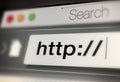 Closeup, web and url of search bar on computer screen for information, worldwide surfing and server. Homepage, html and Royalty Free Stock Photo