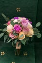 Closeup Wedding bouquet with white and pink roses, eucalyptus close view