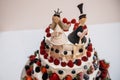 Closeup of a wedding cake with berries and bride and groom figurines Royalty Free Stock Photo