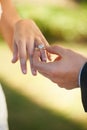 Closeup, wedding and hands with a ring, couple or love ceremony with happiness, commitment or loving. Zoom, groom or Royalty Free Stock Photo