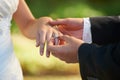 Closeup, wedding and hands with a ring, love ceremony and commitment with partnership, religious ritual and marriage Royalty Free Stock Photo