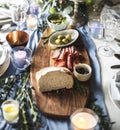 Closeup of Wedding Reception Table Setting with Food