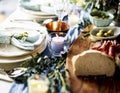 Closeup of Wedding Reception Table Setting with Food