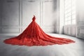 Closeup wedding red dress in white bridal room background. Stylish red attire for woman birthday party. Chic female eveningwear.