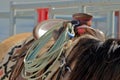 Closeup of western saddle and roping gear