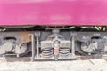 Closeup wheel break and suspension system of diesel train