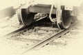 Closeup wheel of a train on the railroad at the station. with image vintage tone Royalty Free Stock Photo