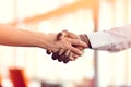 Closeup of White and Black shaking hands over a deal Royalty Free Stock Photo