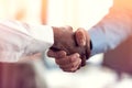 Closeup of White and Black shaking hands over a deal Royalty Free Stock Photo