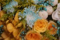 Closeup white and blue chrysanthemums, yellow orchids, yellow roses, nature, flower background