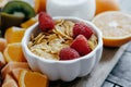 Closeup White bowl with corn Flakes and milk and Fresh sliced f Royalty Free Stock Photo