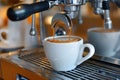 closeup of white cup into which hot fresh coffee is poured from coffee machine Royalty Free Stock Photo