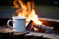 Closeup of white enamel cup outdoors in camping, with burning campfire on background.
