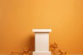 Closeup Of White Flat Empty Podium Against Gold Background With Autumn Leaves. Generative AI