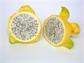 Closeup white Fresh organic yellow half dragon fruit on white background, sweet and healthy fruit, macro image Royalty Free Stock Photo