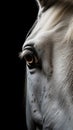 Closeup white horse eye, portrait of animal on dark background. Royalty Free Stock Photo