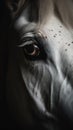 Closeup white horse eye, portrait of animal on dark background. Royalty Free Stock Photo