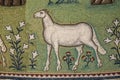 Closeup of white horse mosaics on the walls of Sant\'Apollinare in Classe at Ravenna, Italy