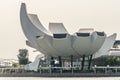 Closeup of white lotus or shell shaped ArtScience museum in Singapore