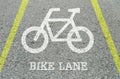 Closeup white painted of bicycle sign in bike lane at the street floor in park textured background Royalty Free Stock Photo