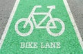 Closeup white painted of bicycle sign in green bike lane at the street floor in park textured background Royalty Free Stock Photo