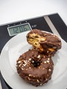 Closeup of a white plate with two delectable chocolate donuts on a weight scale Royalty Free Stock Photo