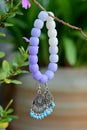 closeup the white purple color beads bracelet with silver metal sky beads ear ring hold on plant branch soft focus natural green Royalty Free Stock Photo