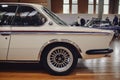 Closeup of a white retro BMW Coupe sports car at the exhibition