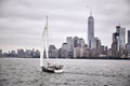 Closeup of a white sailboat against an Ellis Island Jersey, USA