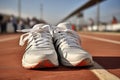 closeup of white sports shoes placed at the starting line of a race track Royalty Free Stock Photo