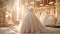 Closeup white wedding dress in bridal salon room background. Banner. Front view of stylish dress for wedding day. Beautiful