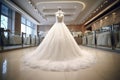 Closeup white wedding dress in bridal salon room background. Banner. Front view of stylish dress for wedding day. Beautiful