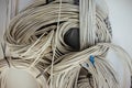 Closeup of white wires wrapped around together