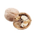 Closeup of whole and cracked walnuts isolated on a white background Royalty Free Stock Photo