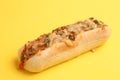 Closeup of a whole delicious hot dog with melted cheese and pepper isolated on a yellow background