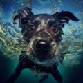 Closeup wide angle underwater photo upshot of a black dog underwater Royalty Free Stock Photo