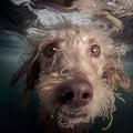 Closeup wide angle underwater photo upshot of a fuzzy beige dog underwater