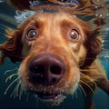 Closeup wide angle underwater photo upshot of a ginger dog underwater