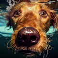 Closeup wide angle underwater photo upshot of a light ginger dog underwater