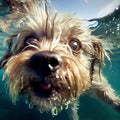 Closeup wide angle underwater photo upshot of a light small dog underwater