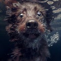 Closeup wide angle underwater photo upshot of a shaggy dark dog underwater