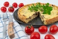 Closeup wide studio shot of freshly baked yellow French salty cake, or quiche with mushrooms, red cherry tomatoes, green mint and Royalty Free Stock Photo