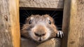 Closeup Wild Groundhog Muzzle in Wooden Cage. Poaching, Illegal Hunting, Capturing of Wild