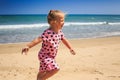 Closeup Wind Shakes Little Blond Girl Spotty Dress on Beach