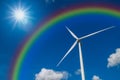 Closeup Wind turbine power generator with rainbow on blue sky