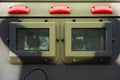 Closeup window and signal lights on military armored vehicle made with solid steel.