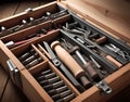 Closeup of a winemaker\'s toolbox with essential tools laid out Royalty Free Stock Photo