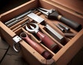 Closeup of a winemaker\'s toolbox with essential tools laid out Royalty Free Stock Photo