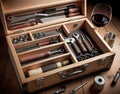 Closeup of a winemaker\'s toolbox with essential tools laid out Royalty Free Stock Photo