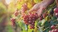 Closeup of woker hand picking ripe grapes from vineyard